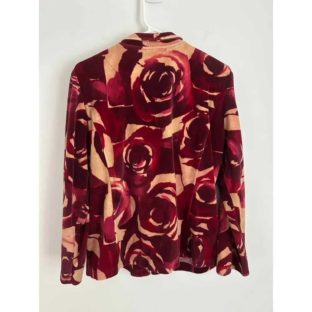 Alfred Dunner Maroon Beige Floral Velour Jacket Full Zip Women's 12